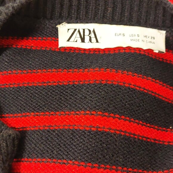 ZARA, Red & Navy Striped, Cable Knit, Gold Button, L/S, Cardigan, Size: S - Picture 7 of 8
